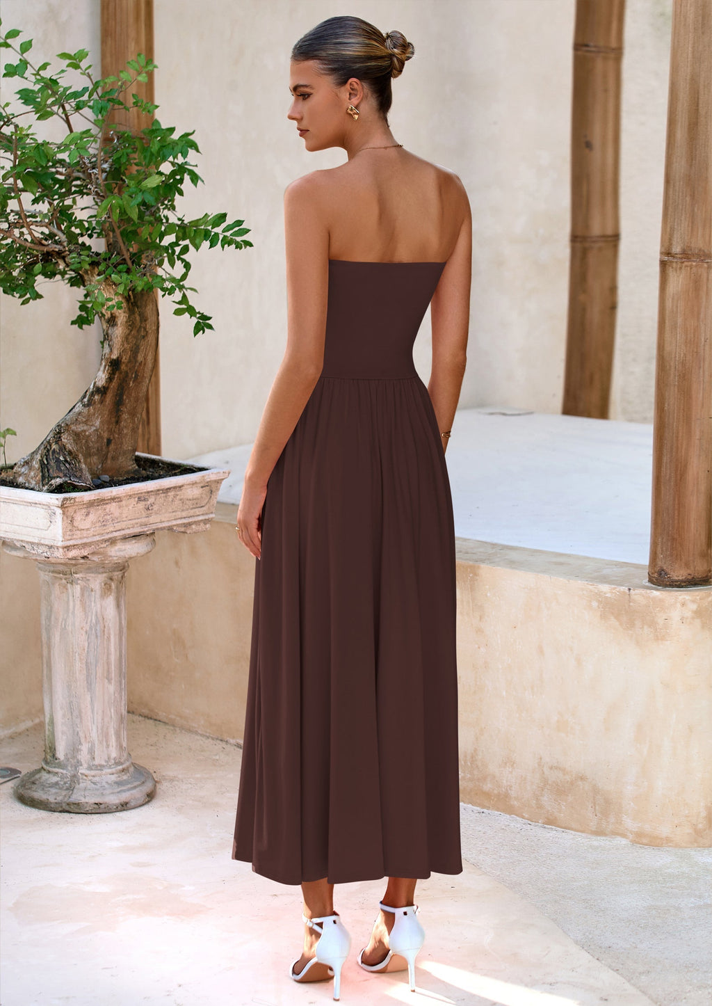 BTFBM Summer Maxi Dresses for Women Strapless Ruched Tube Top Beach Vacation Spring Wedding Guest Dress Pockets