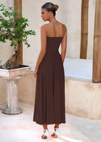 BTFBM Summer Maxi Dresses for Women Strapless Ruched Tube Top Beach Vacation Spring Wedding Guest Dress Pockets