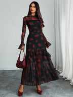 Women's Gothic Elegant Sexy Mesh Splicing Colorful Print Retro Petal Sleeves Ruffle Mermaid Hem Double Layer Dress