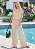 PRETTYGARDEN Women's Summer 2 Piece Matching Lounge Sets Short Sleeve Shirts Tops Wide Leg Pants Travel Airport Outfits