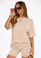 PRETTYGARDEN Women's Two Piece Matching Lounge Sets Summer Casual Tops Short Sleeve Shirts Shorts Travel Airport Outfits