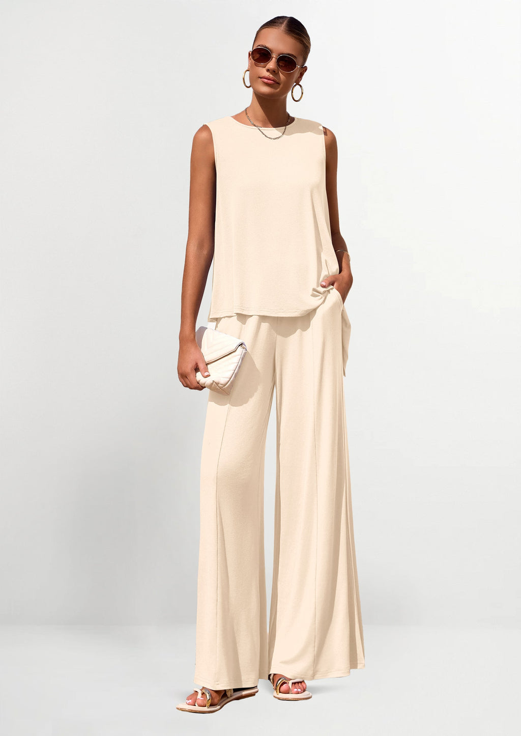 PRETTYGARDEN Women's Two Piece Matching Lounge Sets Asymmetrical Split Tank Tops Wide Leg Pants Summer Outfits Tracksuit