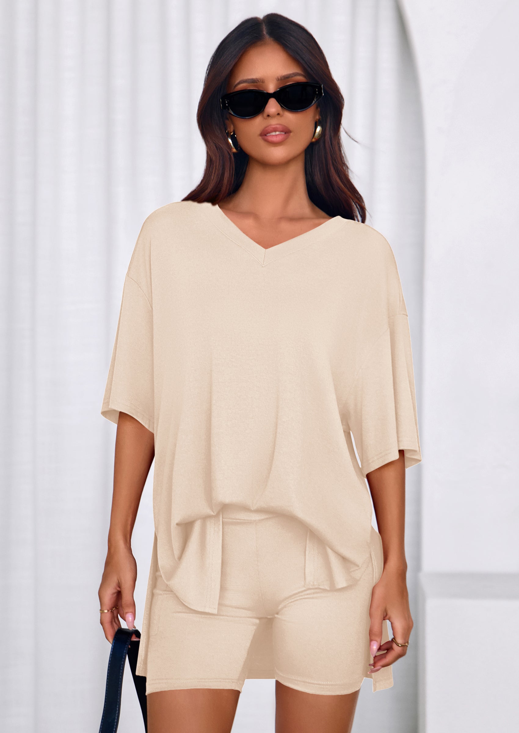 PRETTYGARDEN 2 Piece Sets for Women Summer Lounge Short Set Spring Matching Biker Shorts V Neck Oversized Shirt Clothing