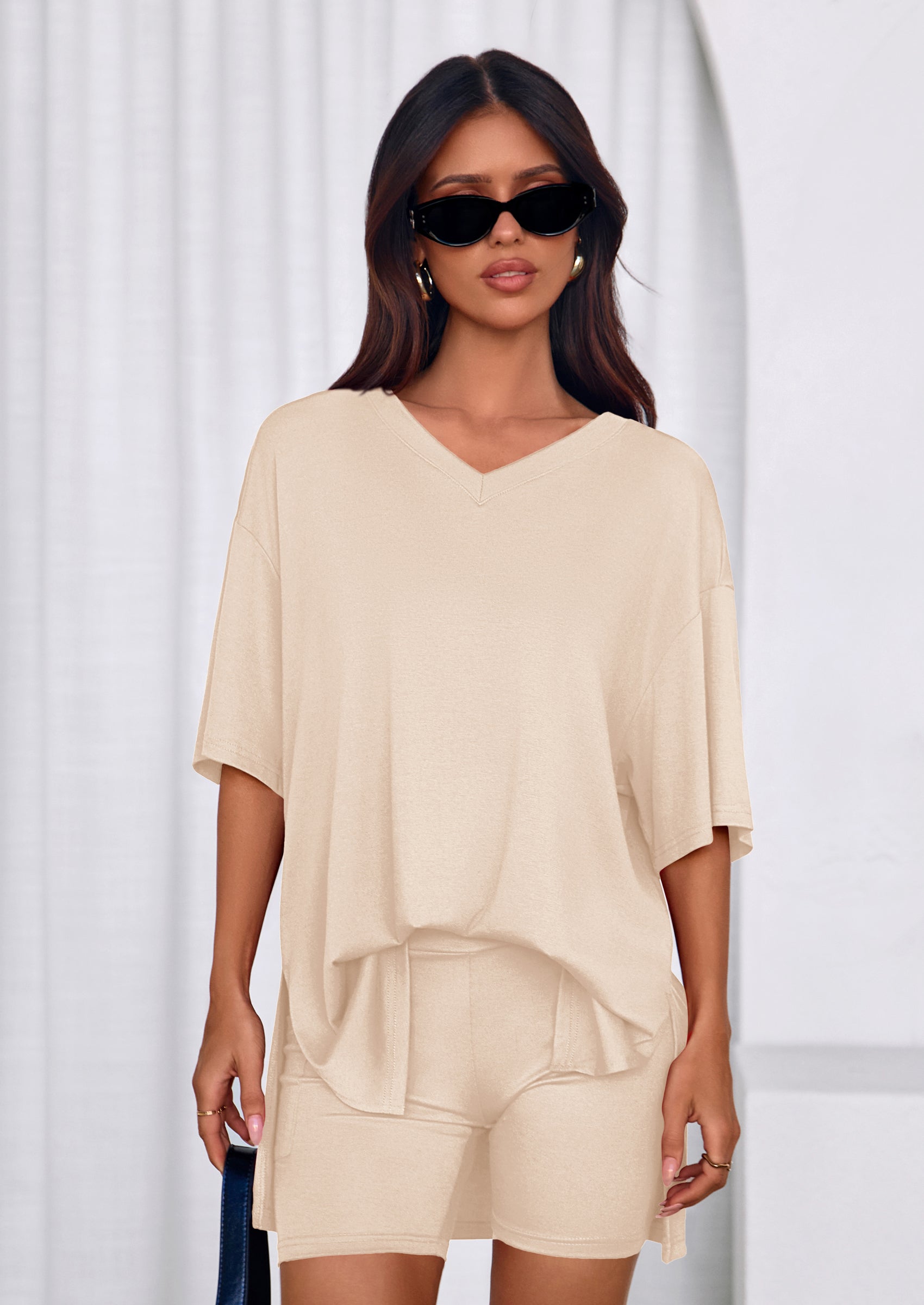 PRETTYGARDEN 2 Piece Sets for Women Summer Lounge Short Set Spring Matching Biker Shorts V Neck Oversized Shirt Clothing