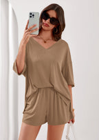 PRETTYGARDEN Womens 2 Piece Sets Oversized Vneck Half Sleeve Tops Shorts Lounge Set Casual Summer Travel Beach Outfits