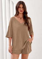 PRETTYGARDEN Womens 2 Piece Sets Oversized Vneck Half Sleeve Tops Shorts Lounge Set Casual Summer Travel Beach Outfits