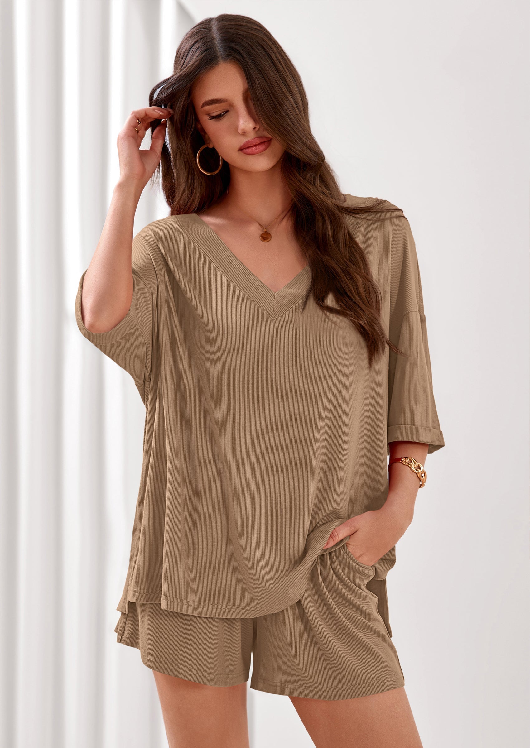 PRETTYGARDEN Womens 2 Piece Sets Oversized Vneck Half Sleeve Tops Shorts Lounge Set Casual Summer Travel Beach Outfits
