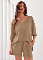 PRETTYGARDEN Womens 2 Piece Sets Oversized Vneck Half Sleeve Tops Shorts Lounge Set Casual Summer Travel Beach Outfits