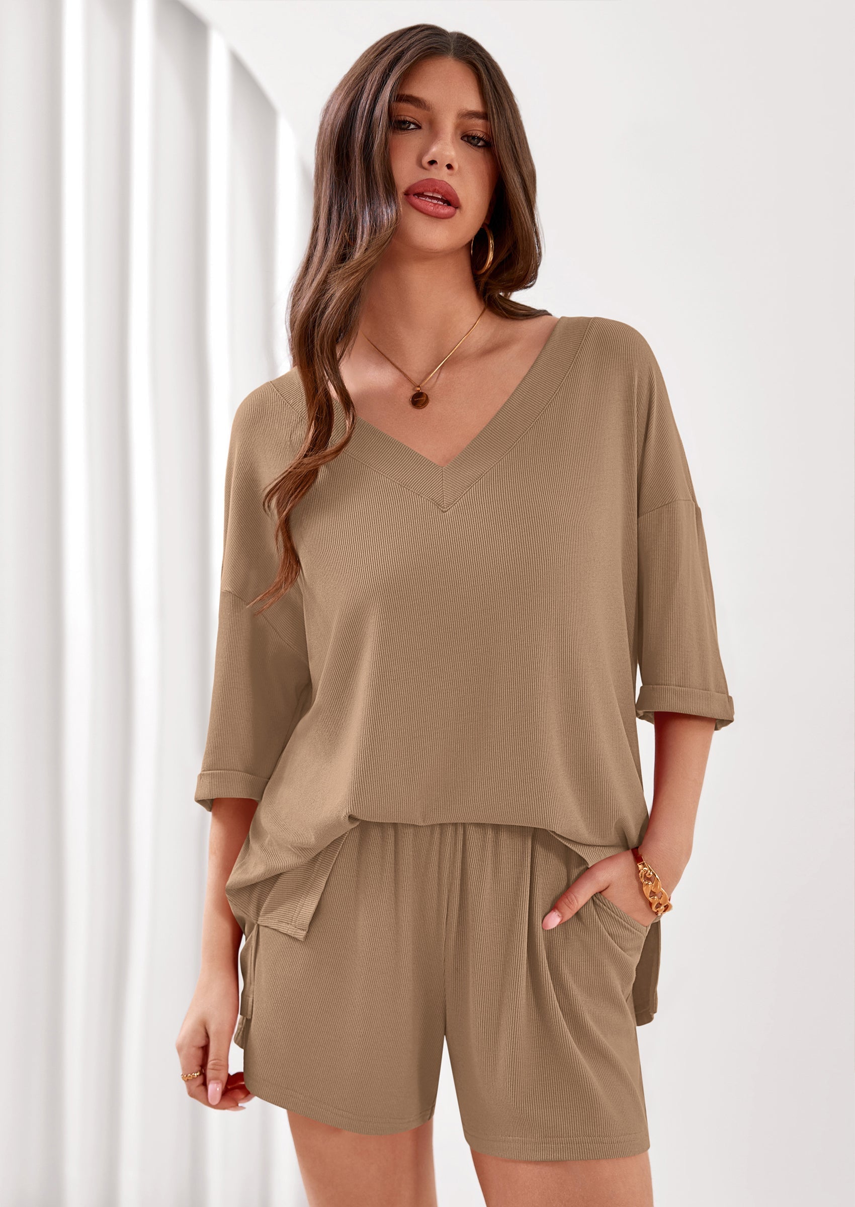 PRETTYGARDEN Womens 2 Piece Sets Oversized Vneck Half Sleeve Tops Shorts Lounge Set Casual Summer Travel Beach Outfits