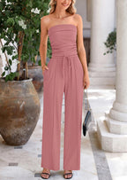 PRETTYGARDEN 2 Piece Sets Casual Ribbed Knit Crop Tube Top Wide Leg Pants Lounge Set