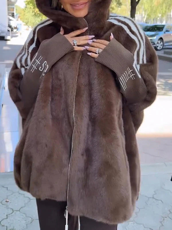 Women Plush Hooded Vertical Stripe Printed Casual Coat