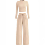 2-Piece Lounge Set – Ribbed Knit Long Sleeve Crop Top & Wide Leg Pants