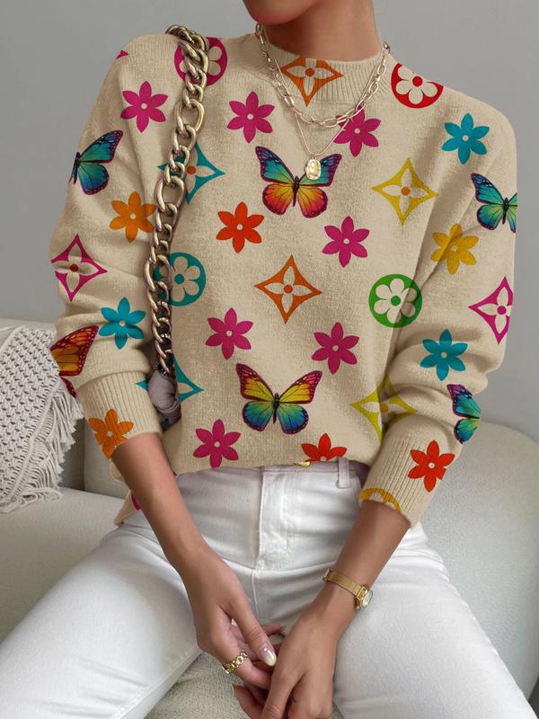 Women's Geometric Pattern Stand Collar Sweater, Fall Winter Casual Long Sleeve Knitwear, Comfortable Warm Daily Wear