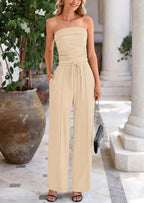 PRETTYGARDEN 2 Piece Sets Casual Ribbed Knit Crop Tube Top Wide Leg Pants Lounge Set