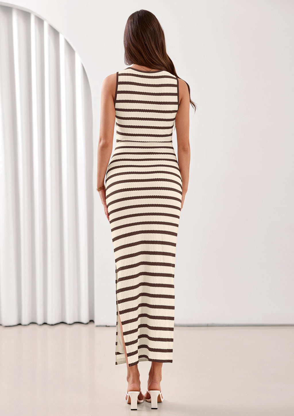 PRETTYGARDEN Sundresses for Women Summer Striped Knit Side Slit Spring Fashion Bodycon Maxi Dress Beach Vacation Clothes