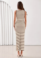 PRETTYGARDEN Sundresses for Women Summer Striped Knit Side Slit Spring Fashion Bodycon Maxi Dress Beach Vacation Clothes