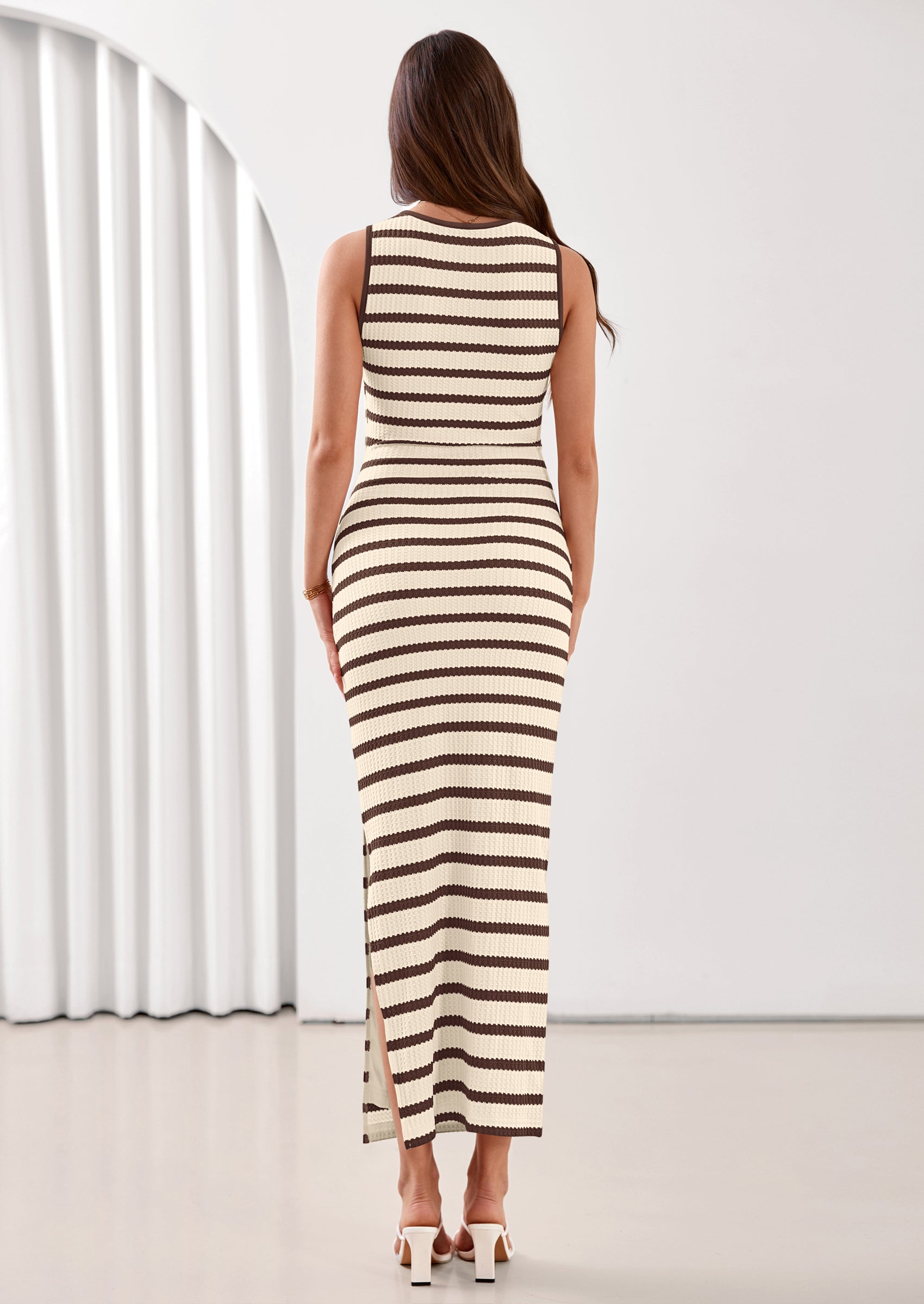 PRETTYGARDEN Sundresses for Women Summer Striped Knit Side Slit Spring Fashion Bodycon Maxi Dress Beach Vacation Clothes