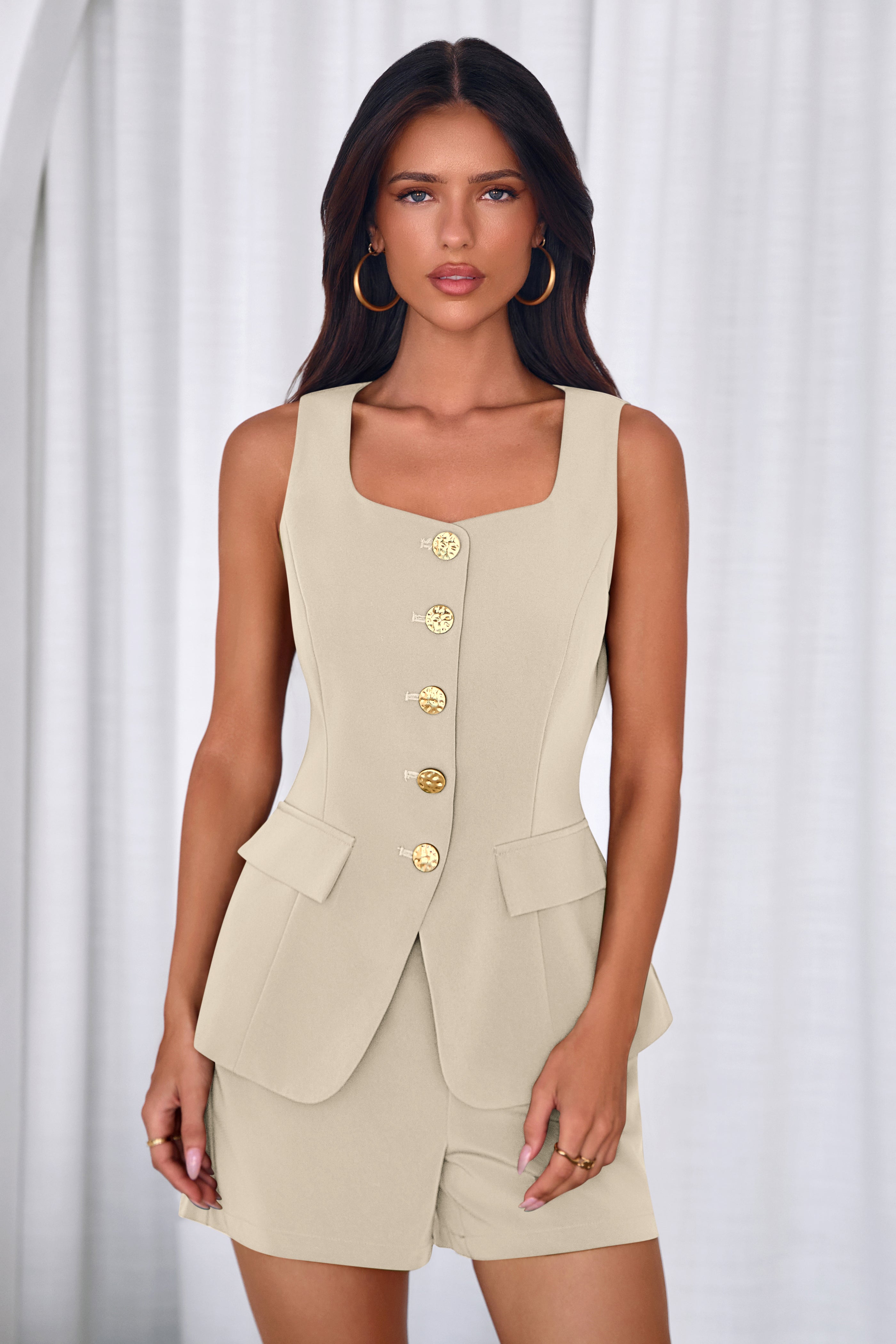PRETTYGARDEN Womens 2 Piece Matching Sets Fashion Button Down Suit Vest Tops Shorts Set Spring Business Casual Outfits