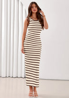 PRETTYGARDEN Sundresses for Women Summer Striped Knit Side Slit Spring Fashion Bodycon Maxi Dress Beach Vacation Clothes