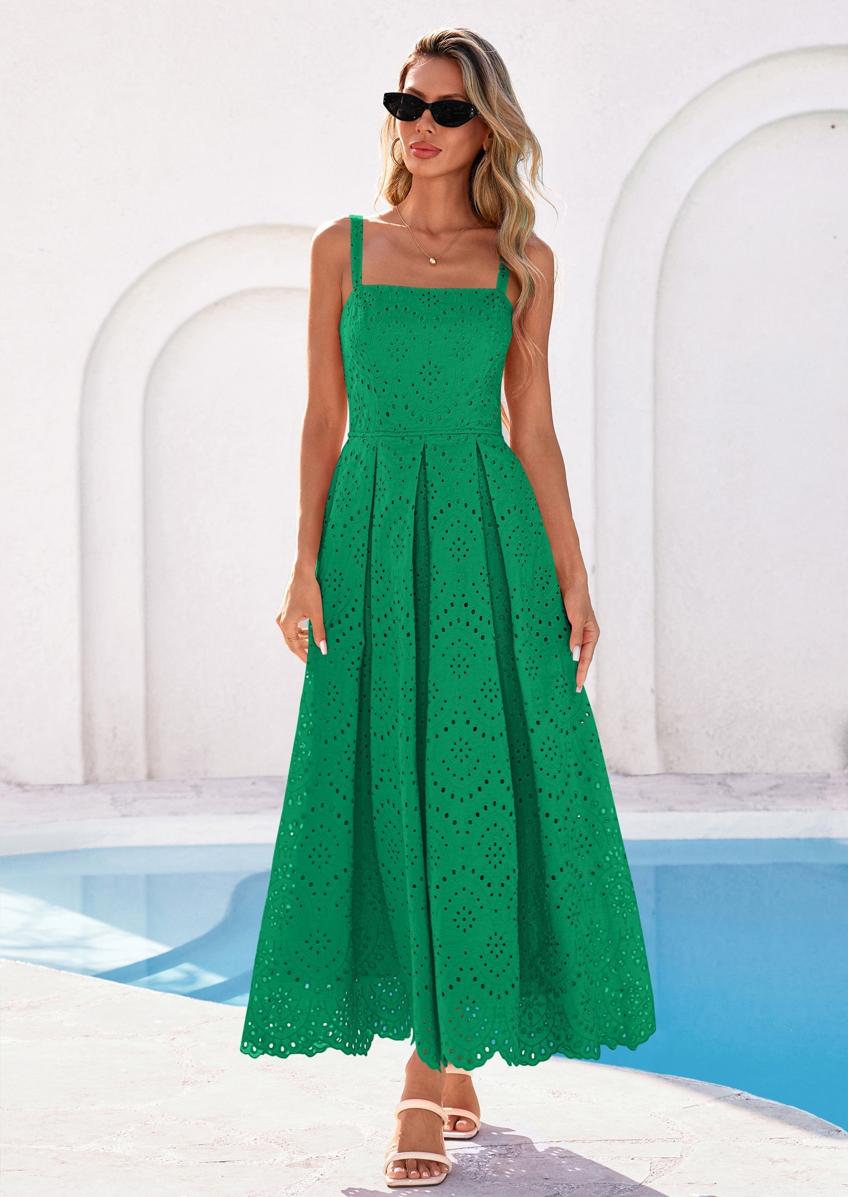 PRETTYGARDEN Womens Sleeveless Maxi Summer Dresses Hollow Out Eyelet Square Neck Ruffle Flowy Beach Vacation Sundress