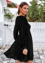 BTFBM Spring Dresses for Women 2026 Long Sleeve Casual V Neck Swiss Dot Smocked Ruffle Chiffon Flowy Mini Summer Dress