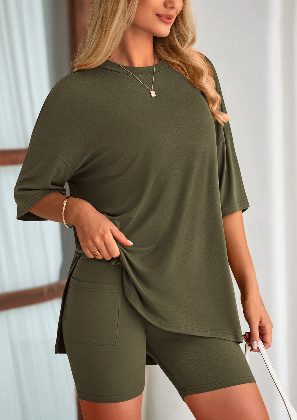 PRETTYGARDEN Women's Two Piece Lounge Set Summer Casual Oversized Shirts Biker Shorts Matching Airport Travel Outfit