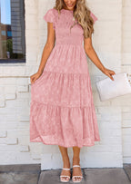 PRETTYGARDEN Midi Dress for Women Summer Floral Cap Sleeve Smocked Ruffle A Line Long Flowy Wedding Guest Dresses