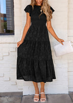 PRETTYGARDEN Midi Dress for Women Summer Floral Cap Sleeve Smocked Ruffle A Line Long Flowy Wedding Guest Dresses