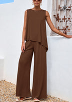 PRETTYGARDEN Women's Two Piece Matching Lounge Sets Asymmetrical Split Tank Tops Wide Leg Pants Summer Outfits Tracksuit