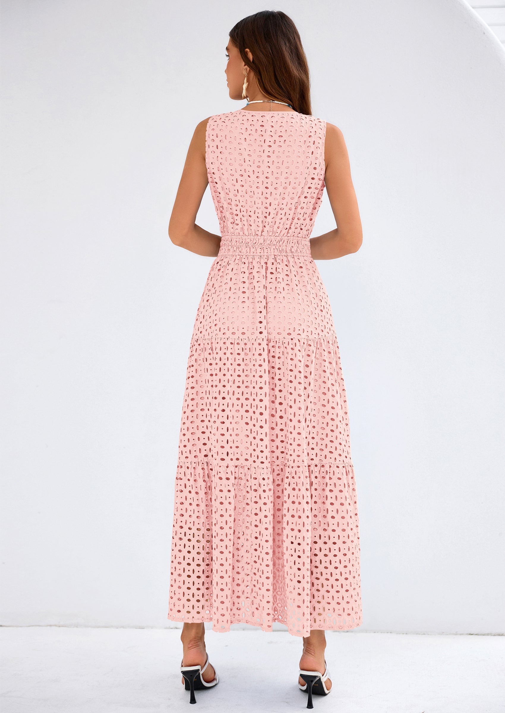 PRETTYGARDEN Summer Dresses for Women Sundresses Sleeveless V Neck Eyelet A Line Flowy Beach Vacation Spring Maxi Dress
