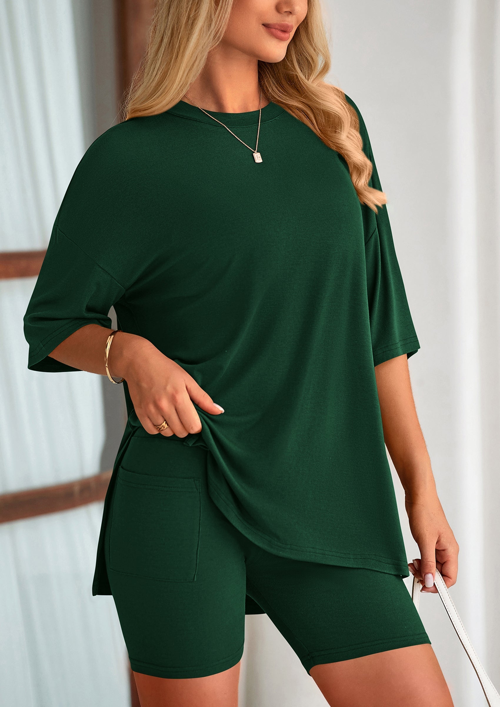 PRETTYGARDEN Women's Two Piece Lounge Set Summer Casual Oversized Shirts Biker Shorts Matching Airport Travel Outfit