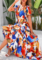 PRETTYGARDEN Women's Boho Maxi Dresses Floral Short Sleeve V Neck A Line Tiered Flowy Long Beach Vacation Dress