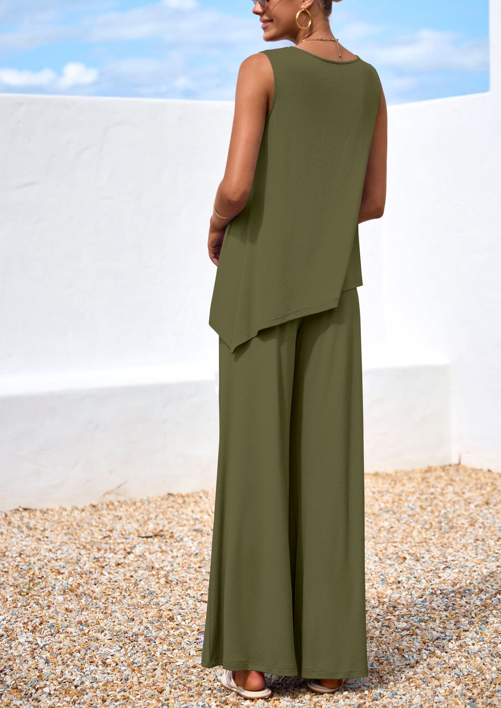 PRETTYGARDEN Women's Two Piece Matching Lounge Sets Asymmetrical Split Tank Tops Wide Leg Pants Summer Outfits Tracksuit
