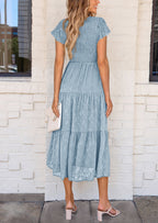 PRETTYGARDEN Midi Dress for Women Summer Floral Cap Sleeve Smocked Ruffle A Line Long Flowy Wedding Guest Dresses