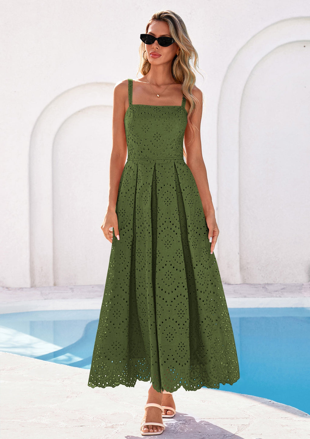 PRETTYGARDEN Womens Sleeveless Maxi Summer Dresses Hollow Out Eyelet Square Neck Ruffle Flowy Beach Vacation Sundress