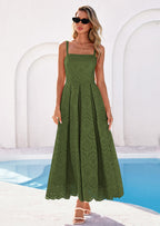 PRETTYGARDEN Womens Sleeveless Maxi Summer Dresses Hollow Out Eyelet Square Neck Ruffle Flowy Beach Vacation Sundress