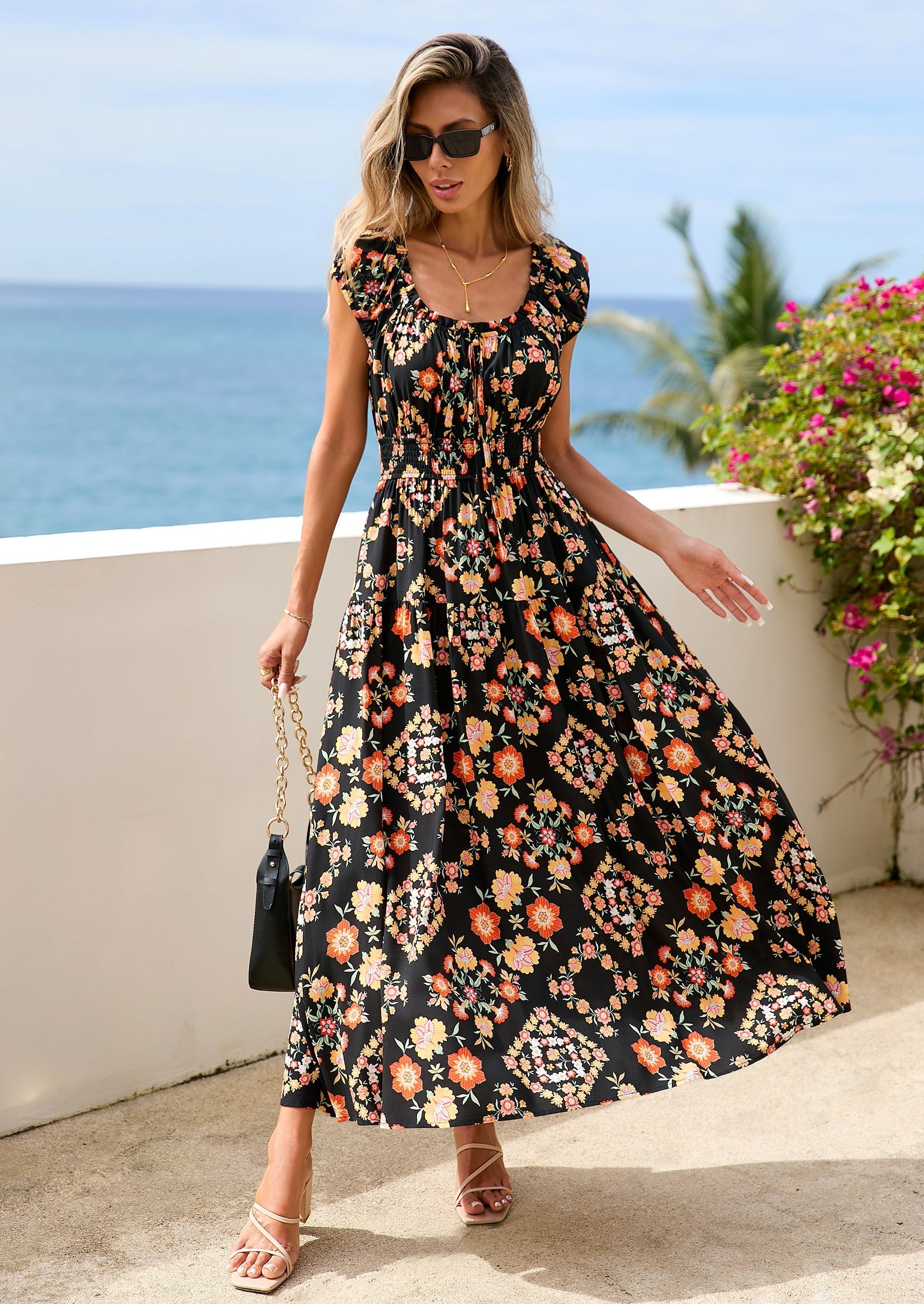PRETTYGARDEN Women's Boho Maxi Dress Summer Cap Sleeve Long Flowy Beach Vacation Floral Sundresses Spring Resort Wear