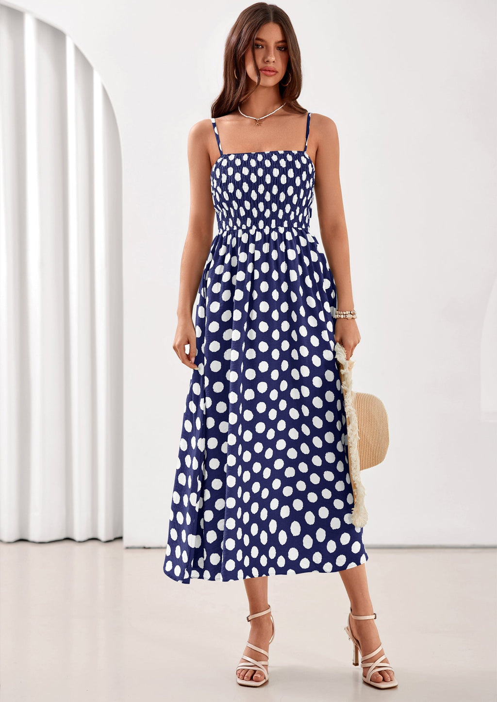 PRETTYGARDEN Womens Summer Dresses Spring Sleeveless Spaghetti Straps Casual Midi Dress Polka Dot Smocked Beach Sundress