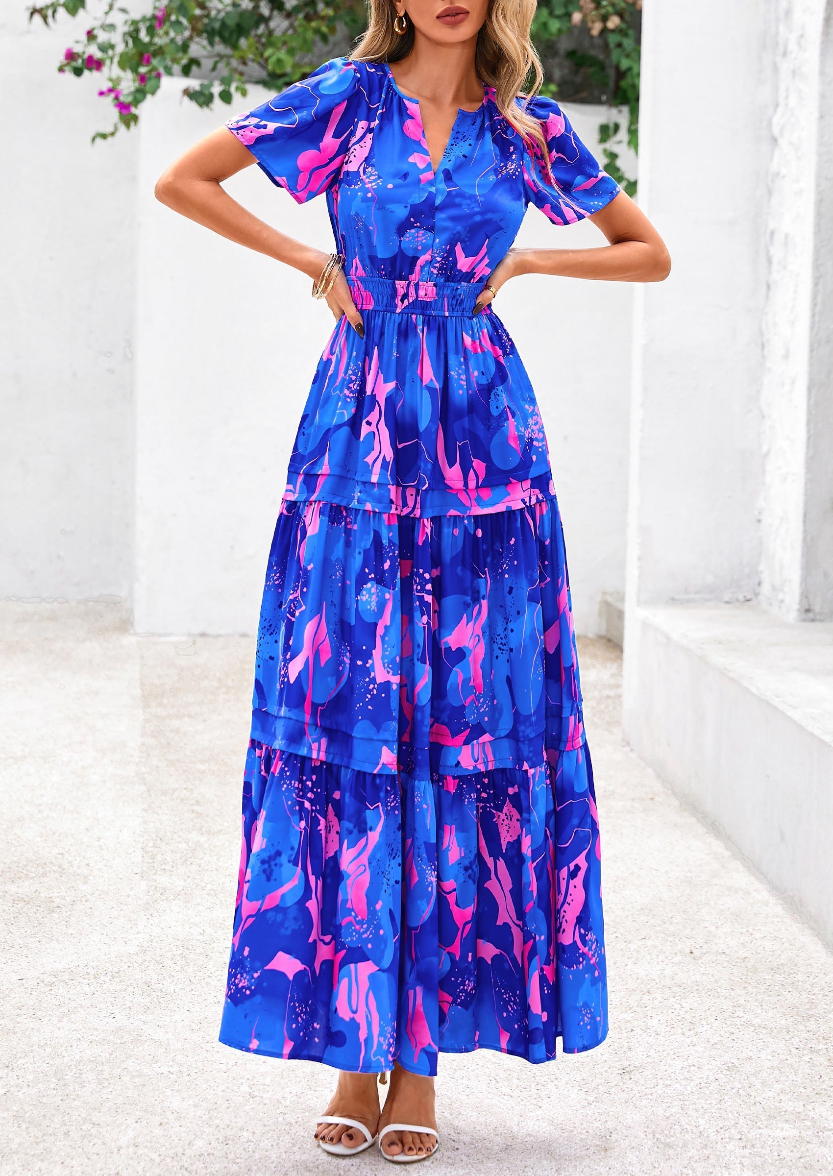 PRETTYGARDEN Women's Boho Maxi Dresses Floral Short Sleeve V Neck A Line Tiered Flowy Long Beach Vacation Dress