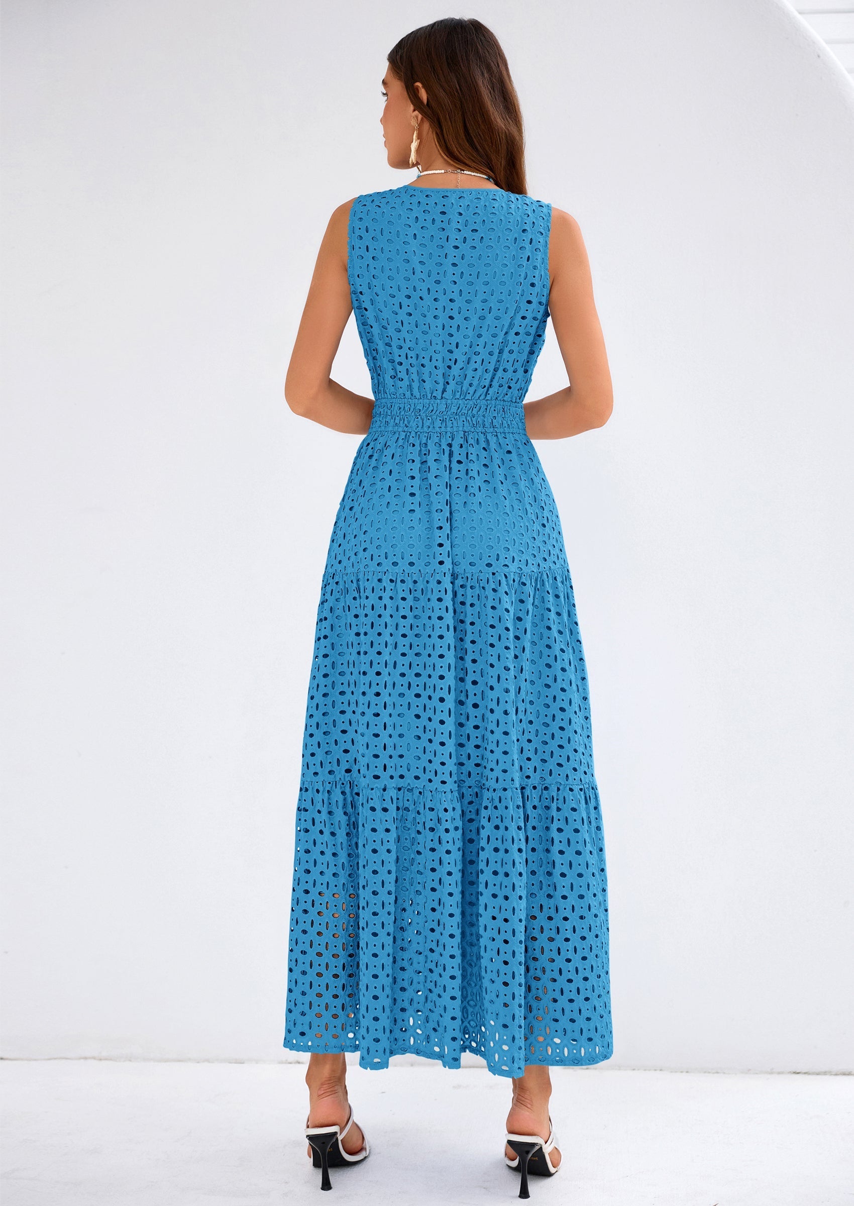 PRETTYGARDEN Summer Dresses for Women Sundresses Sleeveless V Neck Eyelet A Line Flowy Beach Vacation Spring Maxi Dress