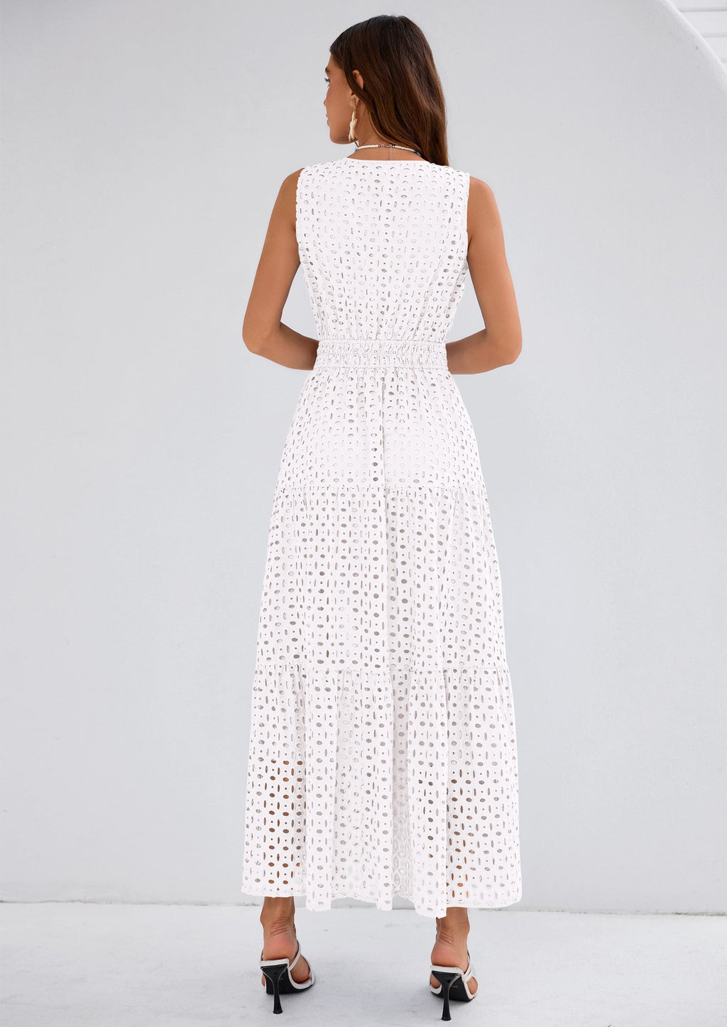 PRETTYGARDEN Summer Dresses for Women Sundresses Sleeveless V Neck Eyelet A Line Flowy Beach Vacation Spring Maxi Dress