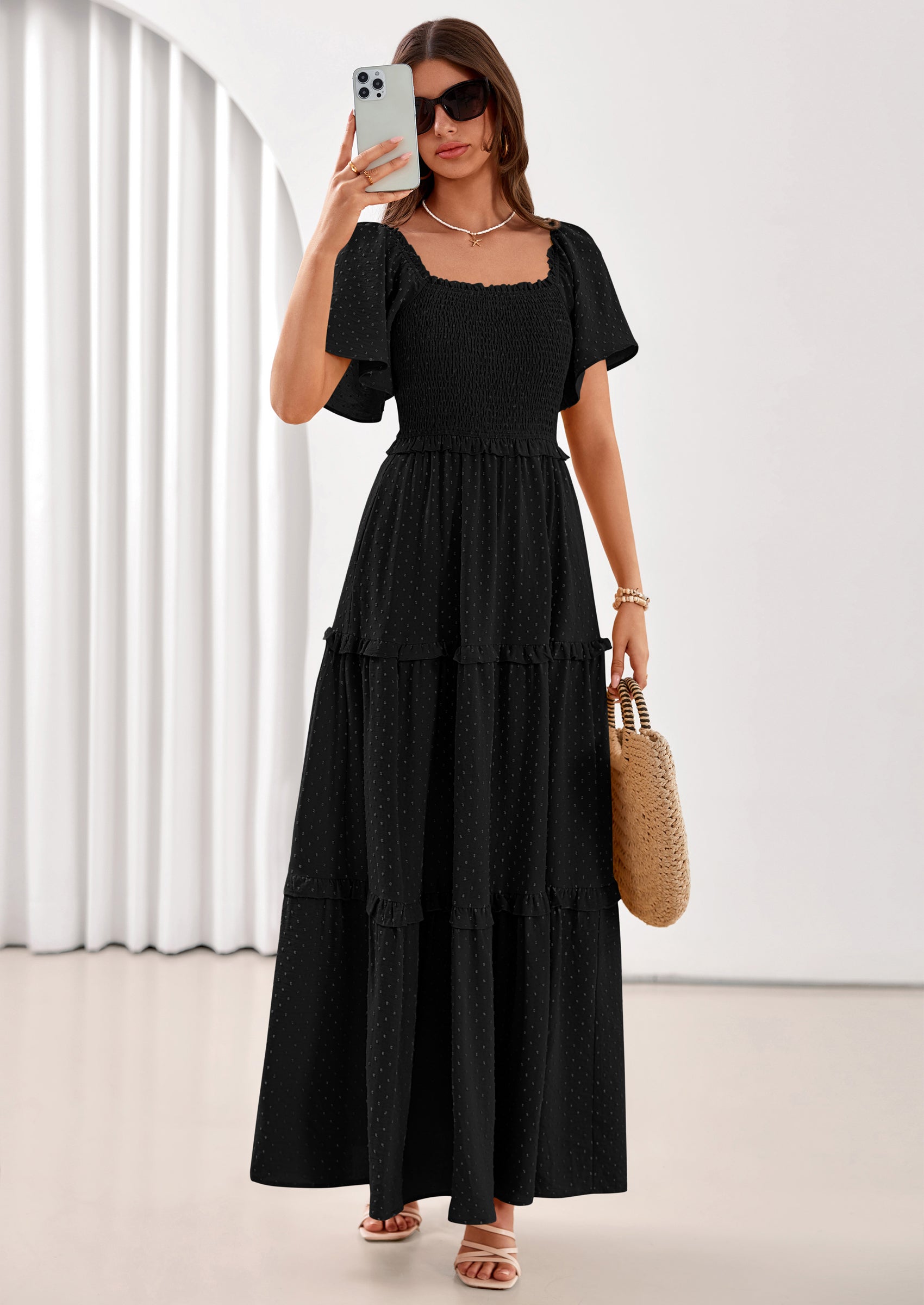 PRETTYGARDEN Summer Dresses for Women Boho Swiss Dot Smocked Square Neck Short Sleeve Spring Wedding Guest Maxi Dress
