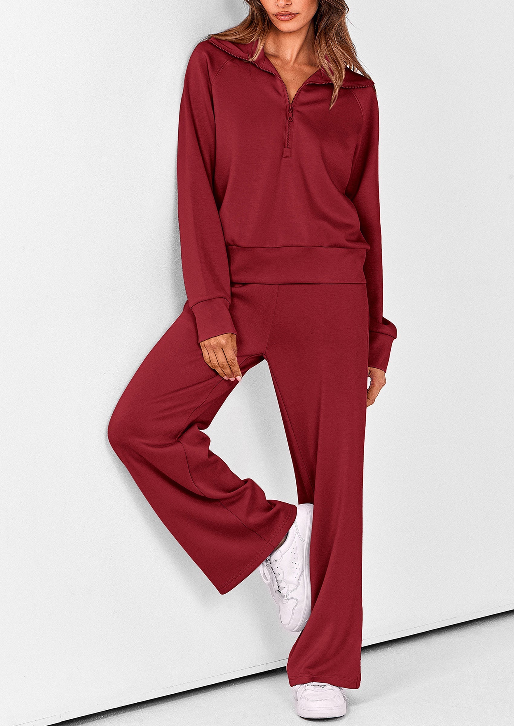 PRETTYGARDEN Women's 2 Piece Outfits Casual Lapel Half Zip Sweatshirts And Wide Leg Pants Tracksuit Sets