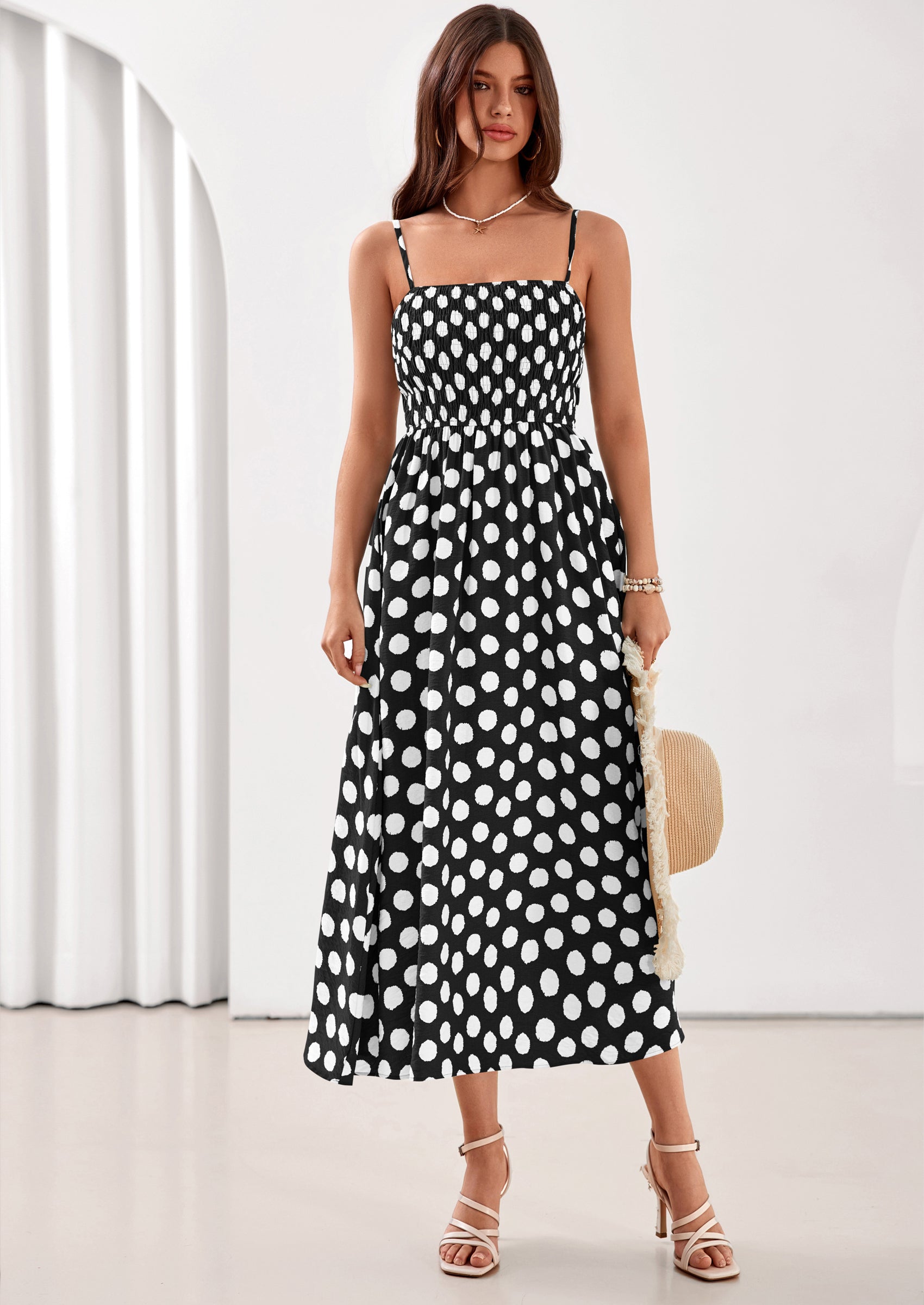 PRETTYGARDEN Womens Summer Dresses Spring Sleeveless Spaghetti Straps Casual Midi Dress Polka Dot Smocked Beach Sundress