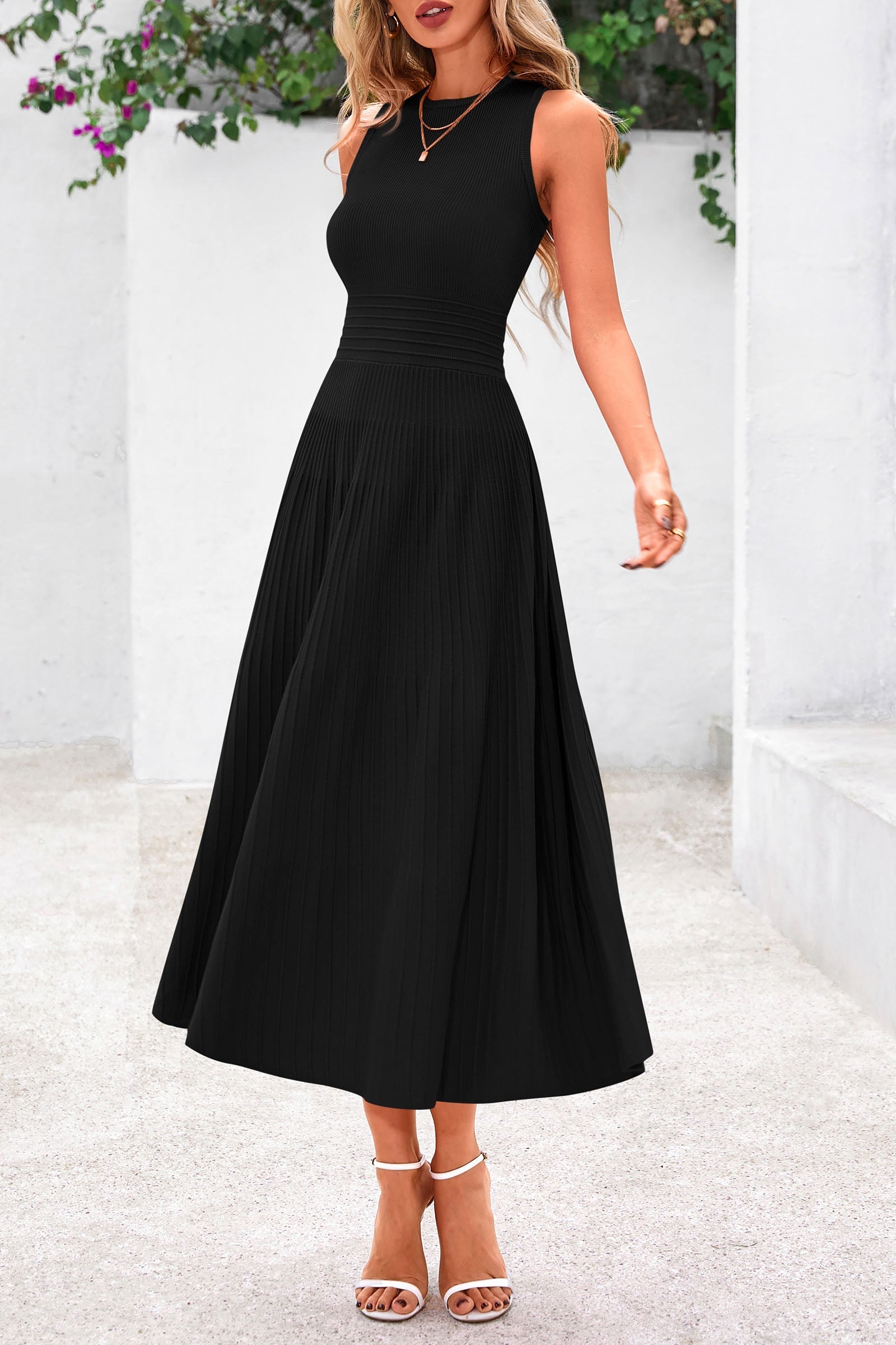 PRETTYGARDEN Spring Casual Dresses for Women Summer Business Work Midi Sleeveless A Line Pleated Cocktail Dress