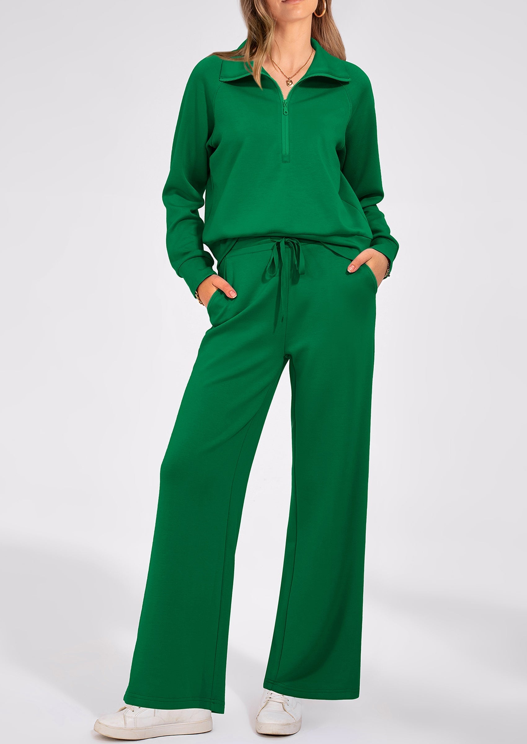 PRETTYGARDEN Women's 2 Piece Outfits Casual Lapel Half Zip Sweatshirts And Wide Leg Pants Tracksuit Sets