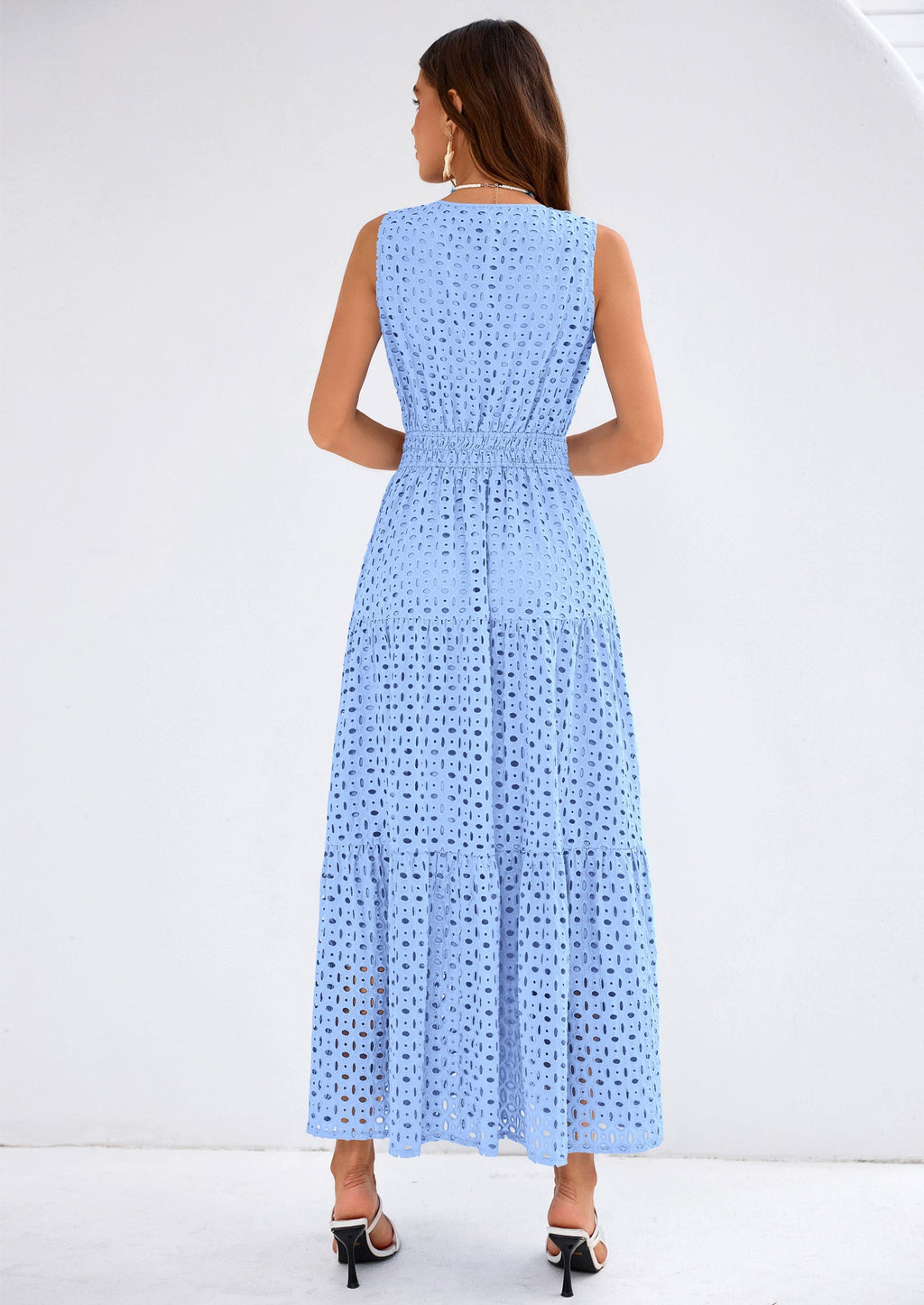 PRETTYGARDEN Summer Dresses for Women Sundresses Sleeveless V Neck Eyelet A Line Flowy Beach Vacation Spring Maxi Dress