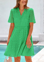 PRETTYGARDEN Women's Short Sleeve Mini Dress Summer V Neck Hollow Out Eyelet Ruffle A Line Swing Short Dresses