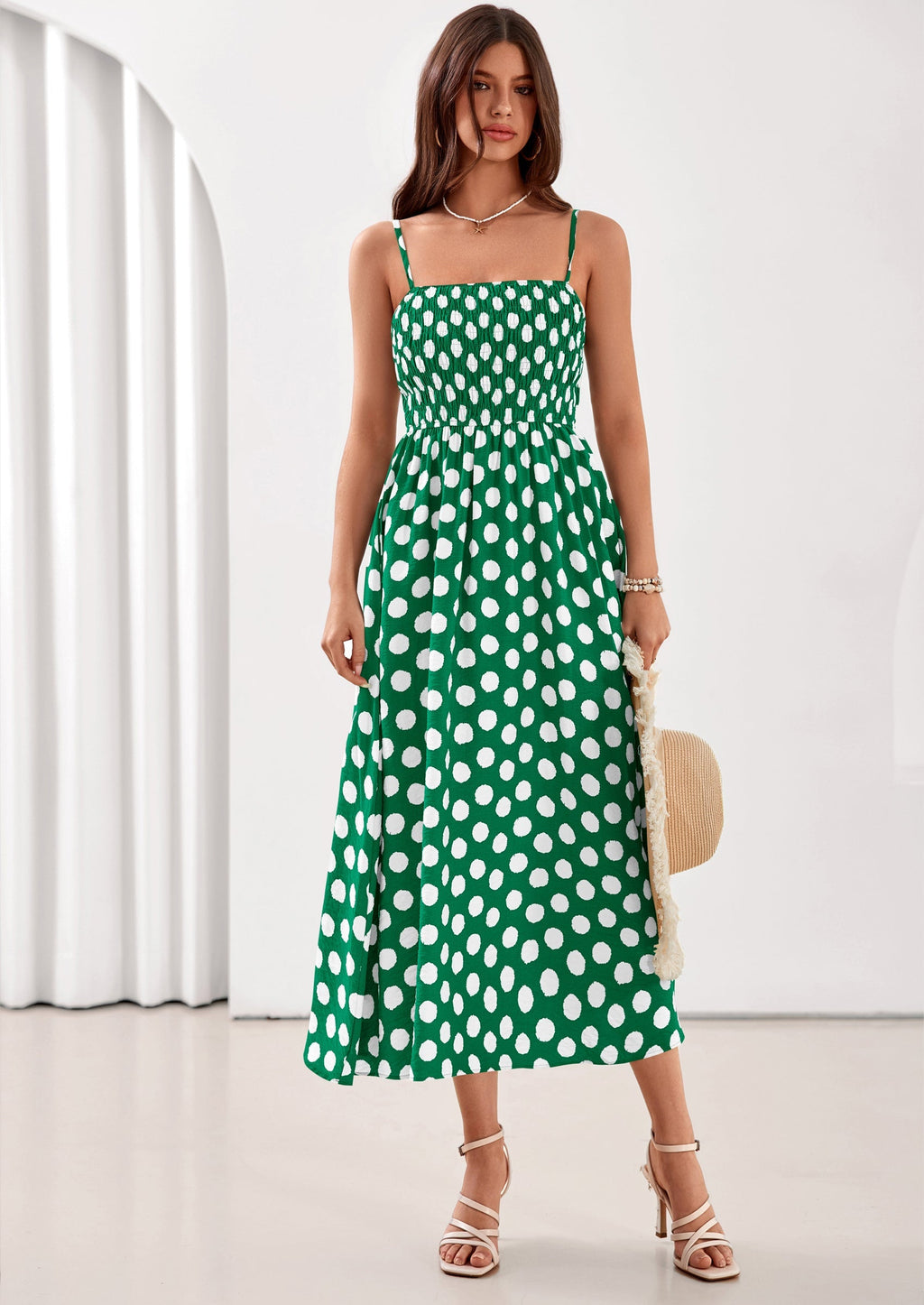 PRETTYGARDEN Womens Summer Dresses Spring Sleeveless Spaghetti Straps Casual Midi Dress Polka Dot Smocked Beach Sundress