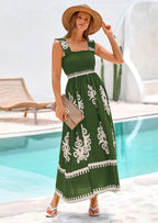 PRETTYGARDEN Womens Summer Boho Maxi Dress Casual Sleeveless Square Neck Floral Aline Smocked Beach Dresses with Pockets